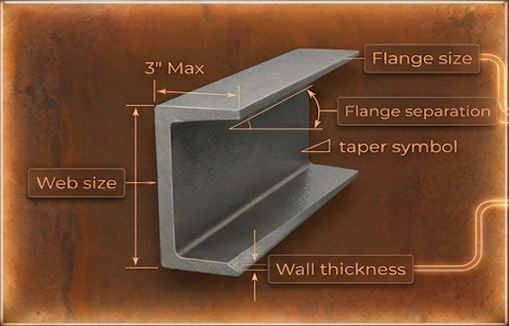 C-channel diagram with labeled flange size, flange separation, web size, and wall thickness