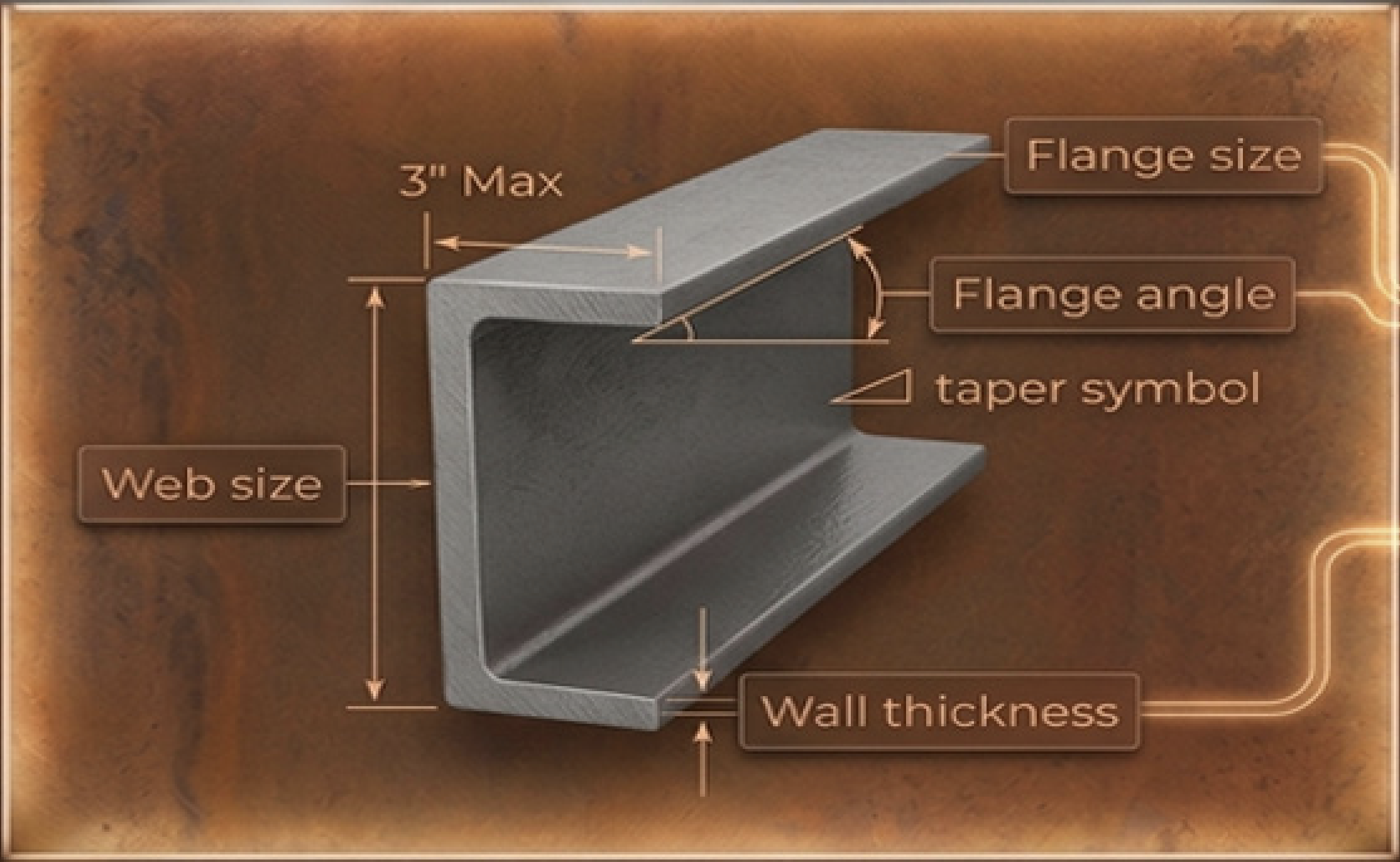 U-channel diagram with labeled flange size, flange angle, web size, and wall thickness